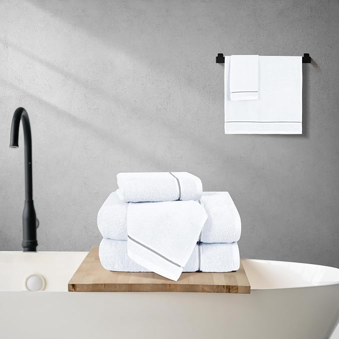 MyOwn Ultra Soft 6 Pack Cotton Towel Set, Contains 2 Bath Towels 28x55 inch, 2 Hand Towels 16x24 inch & 2 Wash Coths 12x12 inch, Ideal Everyday use, Compact & Lightweight - White