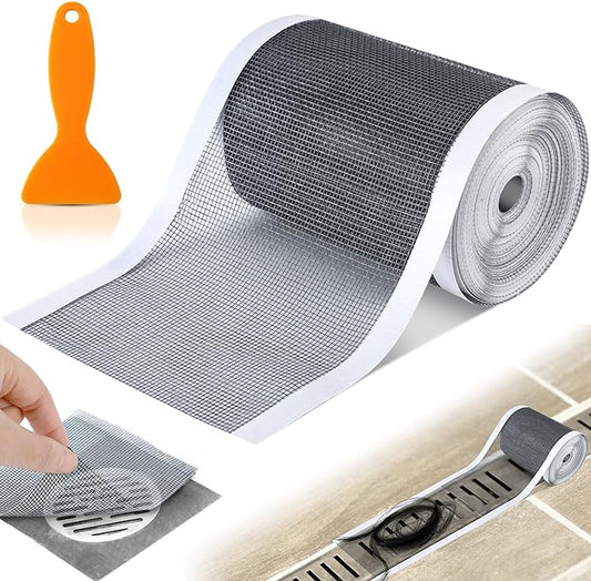1 Pack Linear Shower Drain Hair Catcher Mesh Stickers Cutable | 4x33ft Disposable Adhesive Mesh Cover for Bathroom Kitchen Bathtub Floor Drains, DIY Install, Includes 2 Removal Tools