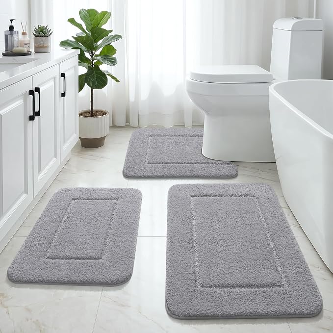 LOCHAS Bathroom Rug Set 3 Piece, Bath Rugs Sets Non Slip Backing, Grey | Washable Absorbent Microfiber Bath Mat Set, Soft Cozy Bathroom Mat for Shower Sink Toilet