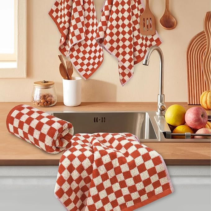 Checkered Hand Towel (13x29 Inches) - Kitchen Hand Towels Pack of 4, | Absorbent Cotton Rags for Bathroom Face Gym Fall Kitchen Towels