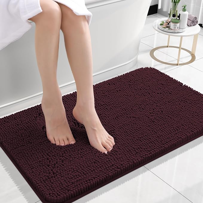 OLANLY Small Bathroom Rugs 24x16, Extra Soft Absorbent Chenille Bath Rugs, Rubber Backing Quick Dry, Machine Washable Bath Mats for Bathroom Floor, Tub and Shower, Home Decor Accessories, Black Cherry | Black Cherry, Quick-Drying Rubber Backing, Washab...
