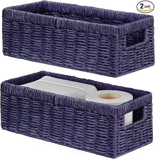 Vagusicc Wicker Storage Basket, Paper Rope Wicker Baskets with Handles, Toilet Paper Basket for Toilet Tank Top, Small Wicke Baskets for Organizing Shelves, 2-Pack, Purple