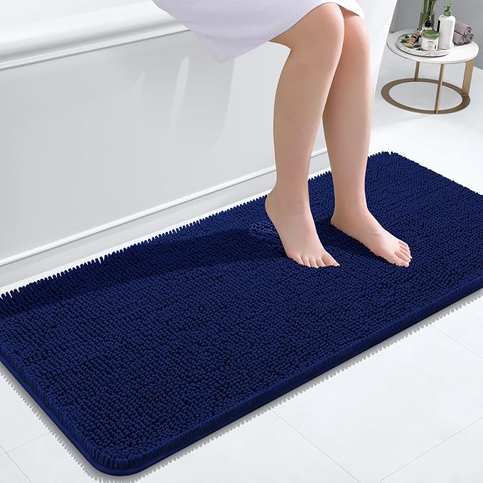 OLANLY Bathroom Runner Rugs 47x20, Extra Soft Absorbent Chenille Bath Rugs | Navy, Quick-Drying Rubber Backing, Machine Washable Long Bath Mat for Bathroom Floor, Tub and Shower, Home Decor Accessories