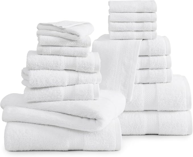 LANE LINEN Bath Towel Set 100% Cotton 18 Piece Soft Absorbent - White | Shower Towels - Generously Sized, Oversized & Roomy, Lightweight & Breathable, Fade-Resistant Color, Classic Terry Weave