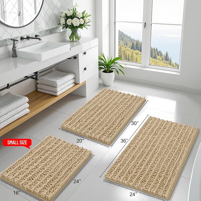 Smiry Bathroom Rugs 47X24, Extra Soft Rubber Backing Chenille Bath Mats | Beige Machine Washable Non Slip Quick Dry Bath Mats for Bathroom Floor, Tub, Shower, Home Decor Accessories