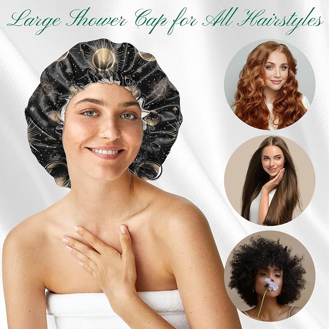 2 PCS Shower Cap Waterproof Double Layer Elastic Adjustable Reusable Hair Bath Caps for Girls Women Cute Aesthetic-Golden Black