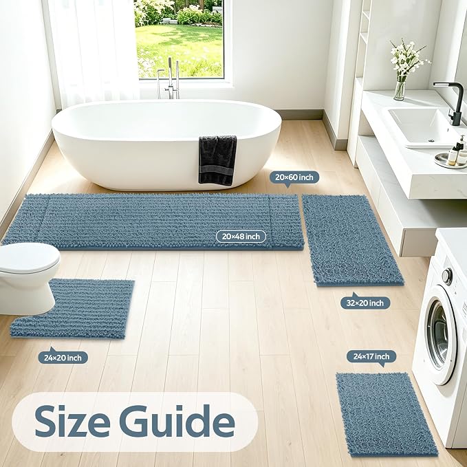ACCUMTEK Upgrade Extra Large Haze Blue Bathroom Rug Set 3 Pieces Ultra Soft, Thick Absorbent Bath Mats, Non Slip Chenille Toilet Mat for Bathroom, Bedroom, Kitchen, Stone Blue