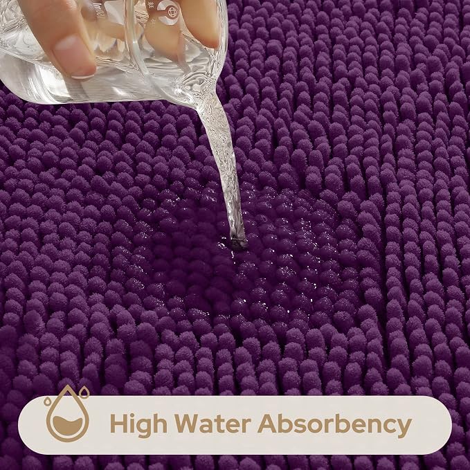 HOMEIDEAS Purple Chenille Bathroom Rugs Set of 3, Non Slip Bath Mat | Super Absorbent, Soft Microfiber, Machine Washable, Stain Resistant, for Bathroom Decor