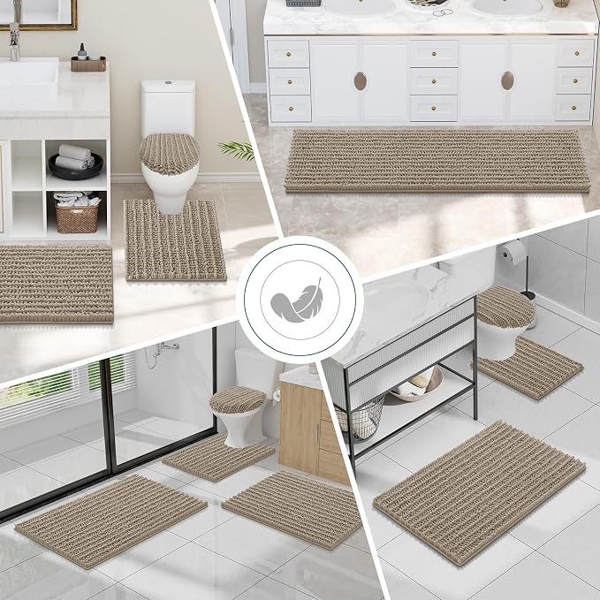 Smiry Bathroom Toilet Rugs U Shaped 24X20, Chenille Bath mats for Toilet | Latte Extra Soft Absorbent Non Slip Rubber Backing Contour Bath Rugs for Toilet, Machine Washable Contoured Bath Mats
