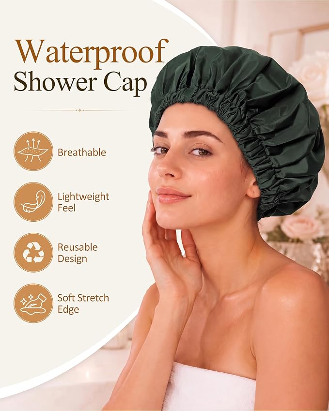 Edoneery Shower Caps for Women Reusable Waterproof, Shower Hair Cap | Washable Bonnet, Wide Elastic Band, Large Fit, Holds Long Hair, Braids Friendly, Bath Accessories, Spa, Travel