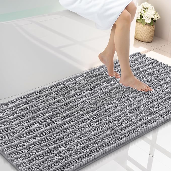 Smiry Bathroom Rugs 47X24, Extra Soft Rubber Backing Chenille Bath Mats | Grey Machine Washable Non Slip Quick Dry Bath Mats for Bathroom Floor, Tub, Shower, Home Decor Accessories