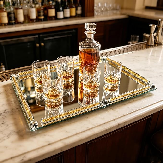 Large Mirror Perfume Tray for Dresser,Crushed Diamond Filled Glass Vanity Tray,Gold Decorative Bathroom Tray,Crystal Tray for Home Decorative,Party,Hotel Banquet,15.7x11.8x1.4inch,Gold