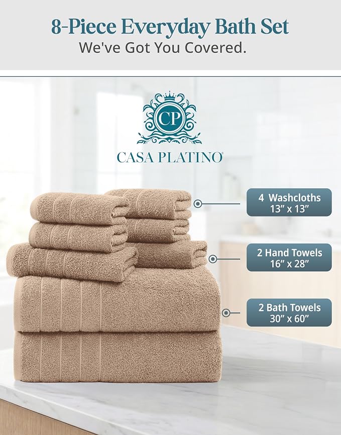 Casa Platino Bath Towel Set 100% Cotton 8 Piece Soft Absorbent - Beige | Shower Towels - Generously Sized, Oversized & Roomy, Lightweight & Breathable, Fade-Resistant Color, Classic Terry Weave