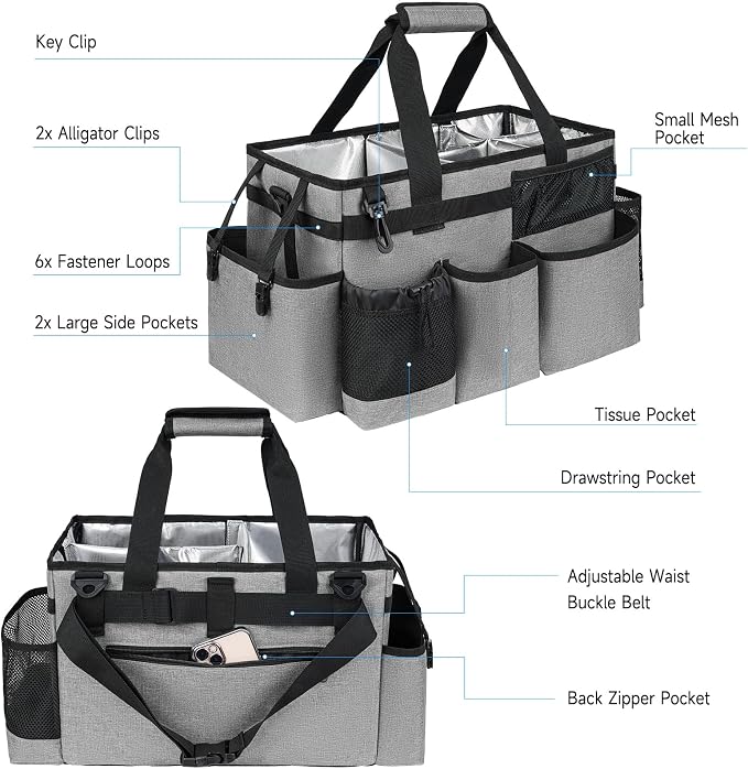 Cleaning Caddy Bag, Large Cleaning Supplies Organizer for Housekeepers, Housekeeping Caddy with Handle and Detachable Padded Cushion, Gray