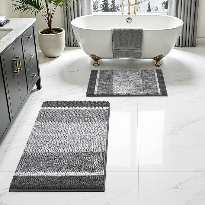 HOMEIDEAS Grey Bathroom Rugs Set of 2, Striped Chenille, 20"x32"+17"x24" | Non Slip Absorbent Bath Mats, Fluffy Striped Chenille Soft Shaggy Bath Rugs for Bathroom Floor and Tub, Machine Washable