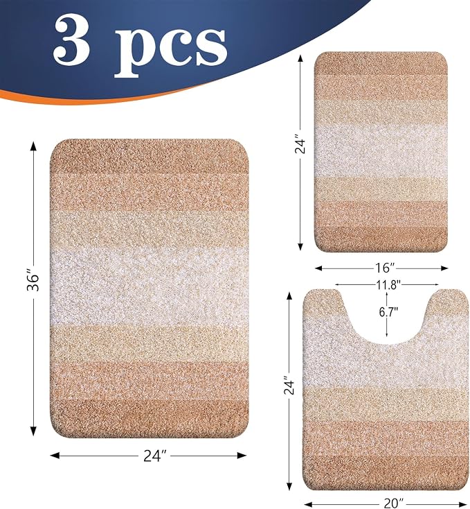 OLANLY Microfiber Bathroom Rugs Sets 3 Piece, 36"x24"+24"x16"+24"x20" | Beige, Soft Absorbent Bath Mats and U-Shaped Contour Toilet Rug, Plush Shaggy Bath Mat Set for Bathroom