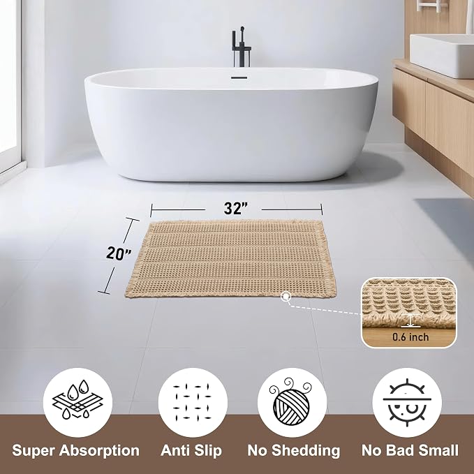 JIUZHEN Waffle Bath Mat Rug Super Absorbent Bath Mats for Bathroom Mat Non Slip Bathmat Machine Washable Soft Bathroom Rugs with Tassels Dry Fast Bath Rugs for Floor, 20" x 32", Strip-Brown