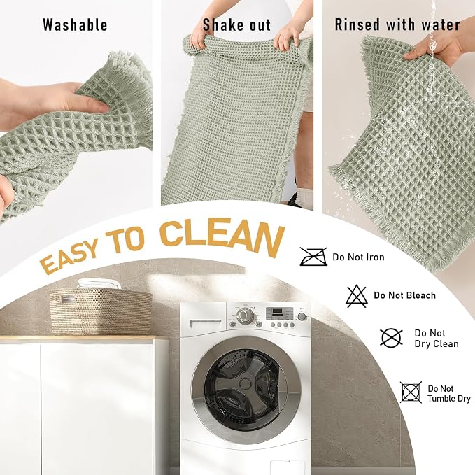 JIUZHEN Set of 2 Waffle Bath Mats Boho Bath Rugs 16x24&24x36, Sage Green | Non Slip, Super Absorbent, Washable, Ultra Soft, Fast Drying Waffle Bathroom Rugs for Bathroom Floor, Tub, Shower