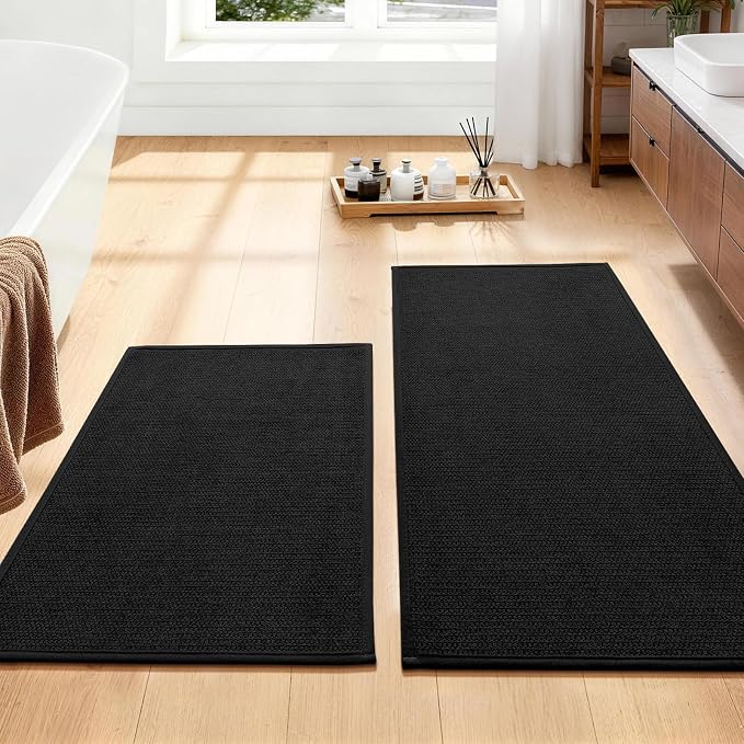 Black Bathroom Rugs Sets 2 Piece, Quick Dry Thin Bath Mat, Non Slip Absorbent Machine Washable, Bath Rugs for Bathtub Sink Home Decor (17"x24" + 17"x32")