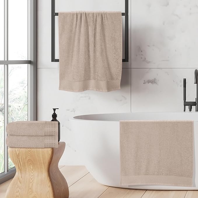 GLAMBURG Ultra Soft 4 Pack Oversized Bath Towel Set 27x54 inches, 100% Cotton Bath Towels, Highly Absorbant Compact Quickdry & Lightweight Towel, Ideal for Gym Travel Camp Pool - Tan