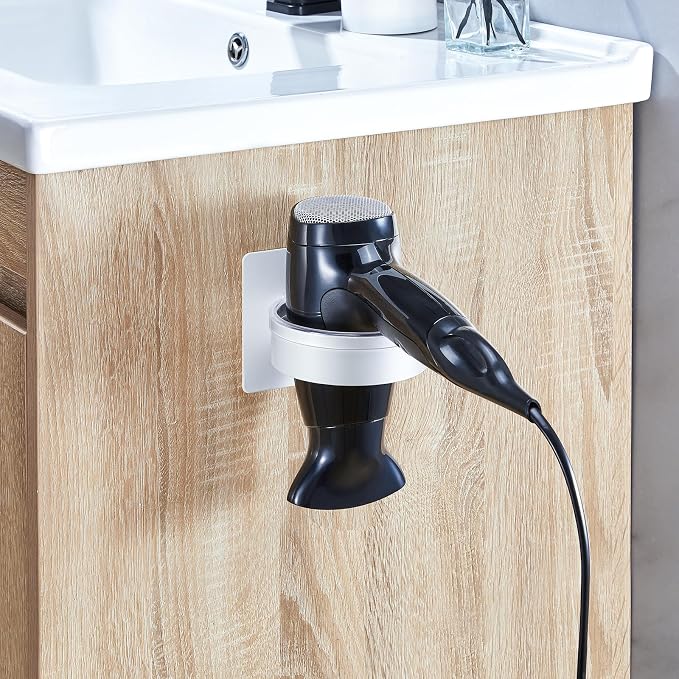 Hair Dryer Holder Wall Mounted, Blow Dryer Holder, Hair Tool Organizer for Hair Dryer Storage Hanger, Adhesive Hairdryer Holder for Bathroom Barber Shop (White)