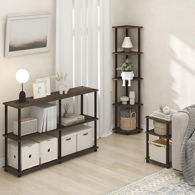 Furinno Turn-N-Tube Corner Shelf, 5-Tier Corner Bookshelf, Open Storage Shelves, for Organization and Storage, Living Room, Home Office, Garage, Bedroom, Black Walnut