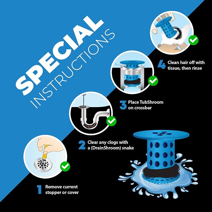 TubShroom Bathtub Drain Hair Catcher – In-Drain Tub Strainer & Clog Prevention Protector, Fits Standard 1.4”–1.75” Tub Drains, Easy Clean, Captures Human & Pet Hair out of Sight (Blue)