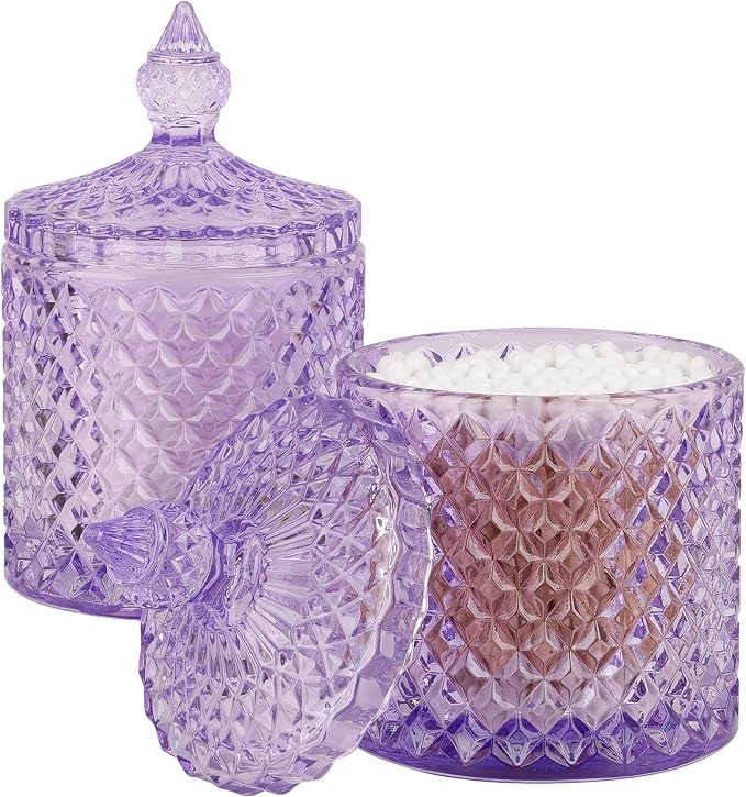 rejomiik 2 Pack Qtip Holder Thick Glass Apothecary Jars with Lid for Bathroom Decor Storage Organizer for Cotton Swabs, Balls, Pads, Floss Picks, Candy, Jewelry, Purple