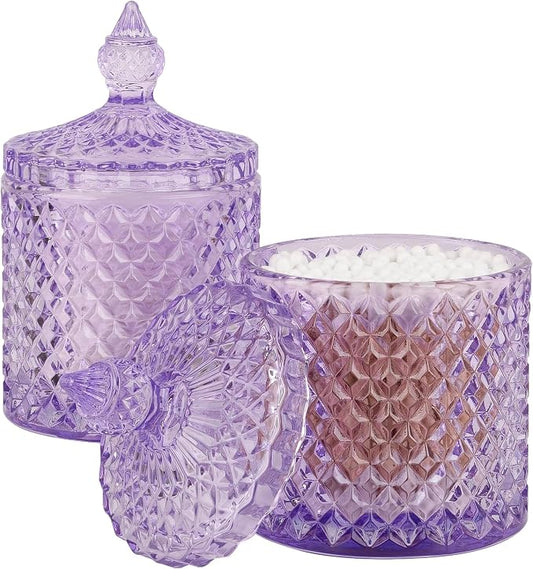 rejomiik 2 Pack Qtip Holder Thick Glass Apothecary Jars with Lid for Bathroom Decor Storage Organizer for Cotton Swabs, Balls, Pads, Floss Picks, Candy, Jewelry, Purple