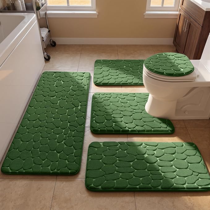 YIHOUSE Bathroom Rugs Mat Set, Memory Foam Bath Mat 5 Piece Green | Non Slip, Water Absorbent, Washable, Bath Mat For Bathroom, Sink and Toilet