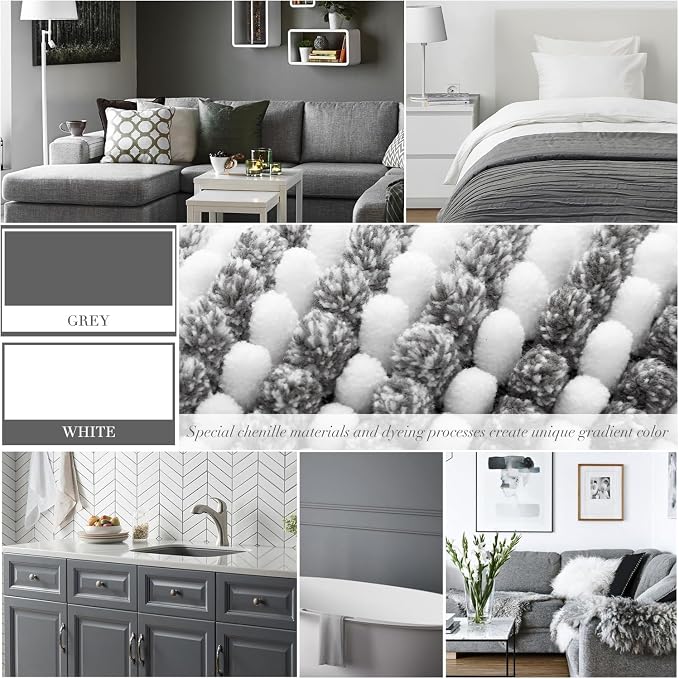 Bathroom Rugs Sets 2 Piece, Non Slip Striped Bath Mats, Gray | 24"x70" Plus 20"x32", Soft Absorbent Chenille, Quick Dry Machine Washable, Shower Rug for Bathroom Floor, Tub, Bedroom Decor