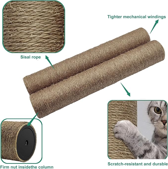 Cat Scratching Post Replacement Pole, 2 PCS 15.7in Cat Tree Replacement Post, Natural Sisal Cat Tree Replacement Parts with M8 Screws (40cm/15.71inBrown, M8*2poles)