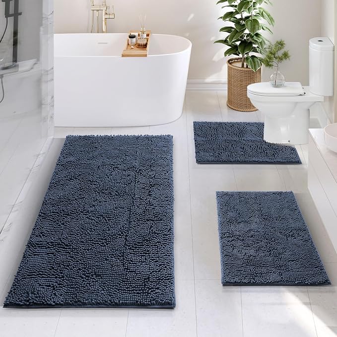 Hearth & Harbor Bathroom Rugs, Chenille Bath Mat - Machine Washable Bath Mats for Bathroom Non-Slip Backing Rubber, Quick Dry Mat - Navy Blue Bath Rug, 17x24-26x44-20x24