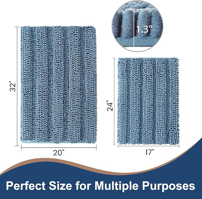 Non Slip Thick Shaggy Chenille Bathroom Rug Sets 2 Piece, Thickened Hot Melt Rubber Bottom Bath Mats for Bathroom, Bath Rugs Quick Dry Machine Washable for Shower (Dusty Blue, 32"x20" Plus 17"x24")