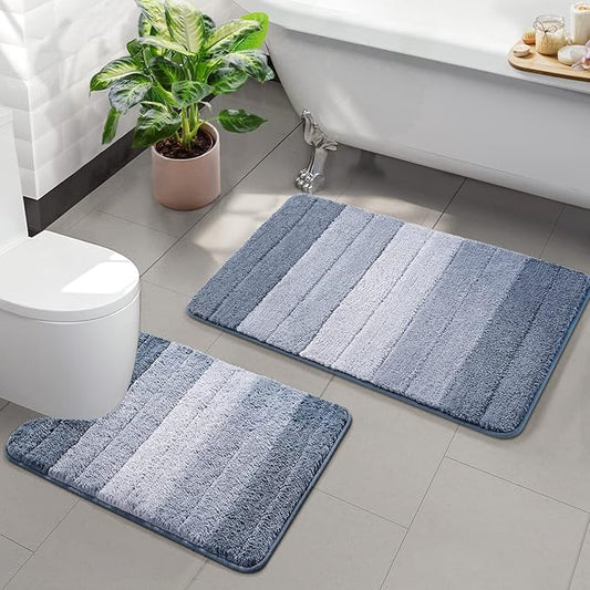 2 Piece Ombre Bath Mat Set for Bathroom, Non Slip Ultra Soft and Thick Water Absorbent Bath Carpet, Machine Washable & Quick Dry Bathroom Rug, for Bedroom Door Living Room Blue