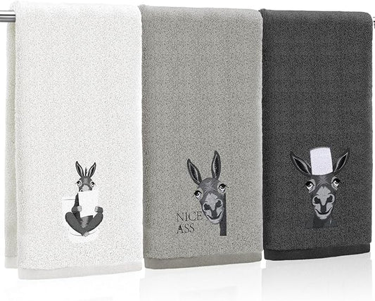 3 Pcs Donkey Hand Towels for Bathroom Kitchen Decor Gifts | Embroidered Donkey Design, 100% Cotton, Farmhouse Bathroom Kitchen Decor, Absorbent Towels, Holiday Housewarming Gifts