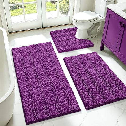 ACCUMTEK Striped Purple Bathroom Rug Set 3 Pieces Ultra Soft, Non Slip Chenille Toilet Mat, Absorbent Plush Shaggy Bath Mats for Bathroom, Bedroom, Kitchen