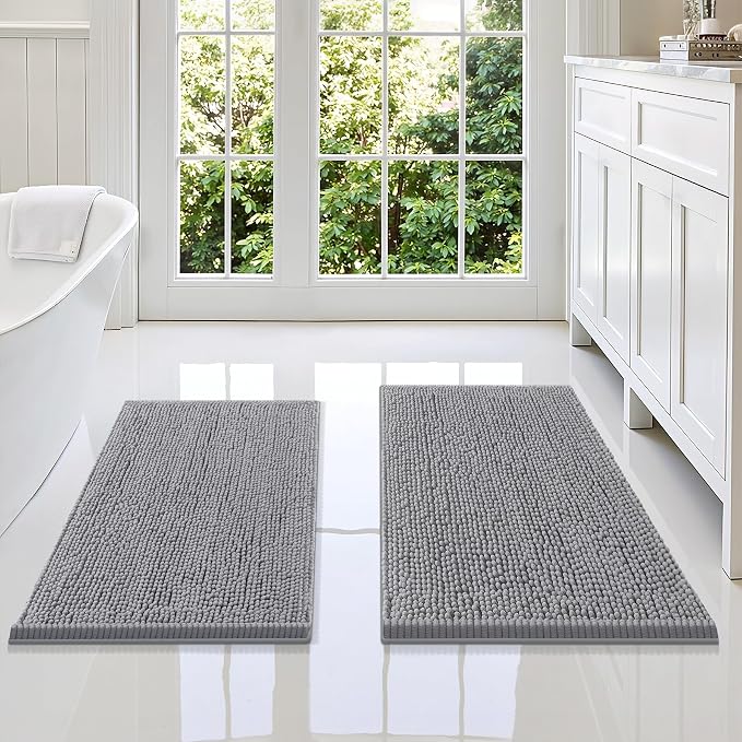Smiry Chenille Bathroom Rugs Sets 2 Piece (34x21+30x20, Grey) | Soft Absorbent Machine Washable Non Slip Shaggy Bath Rug Set for Tub, Shower, and Floor, Home Decor