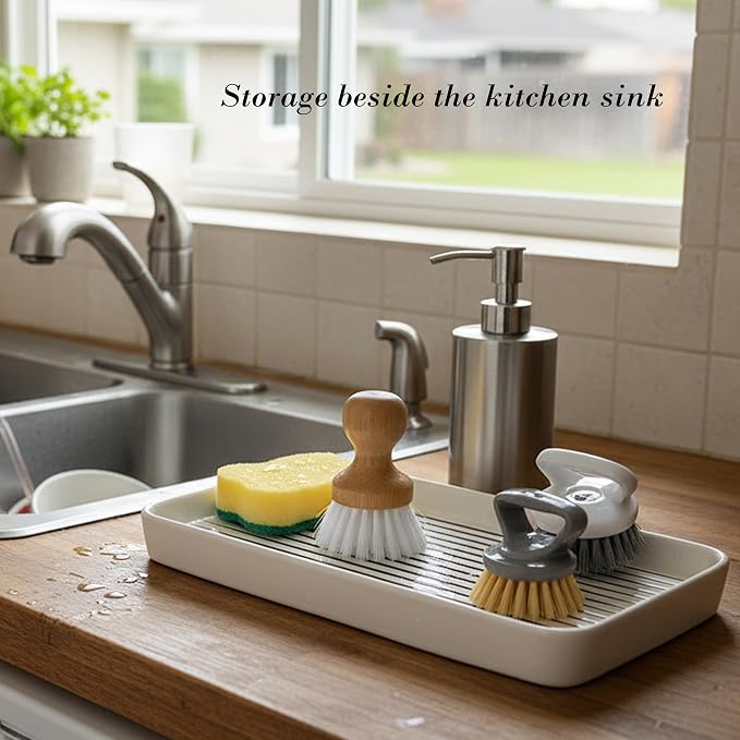 10"×6"×1" White Bathroom Vanity Tray for Countertop- Ceramic Decorative Organizer Tray for Dresser Tops, Toilet, Perfume, Sponge Holder Soap Dish Dispenser for Kitchen Counter- Black Stripes