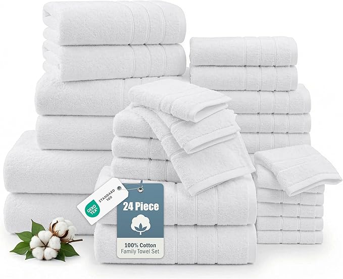 Casa Platino Bath Towel Set 100% Cotton 24 Piece Soft Absorbent - White | Shower Towels - Generously Sized, Oversized & Roomy, Lightweight & Breathable, Fade-Resistant Color, Classic Terry Weave