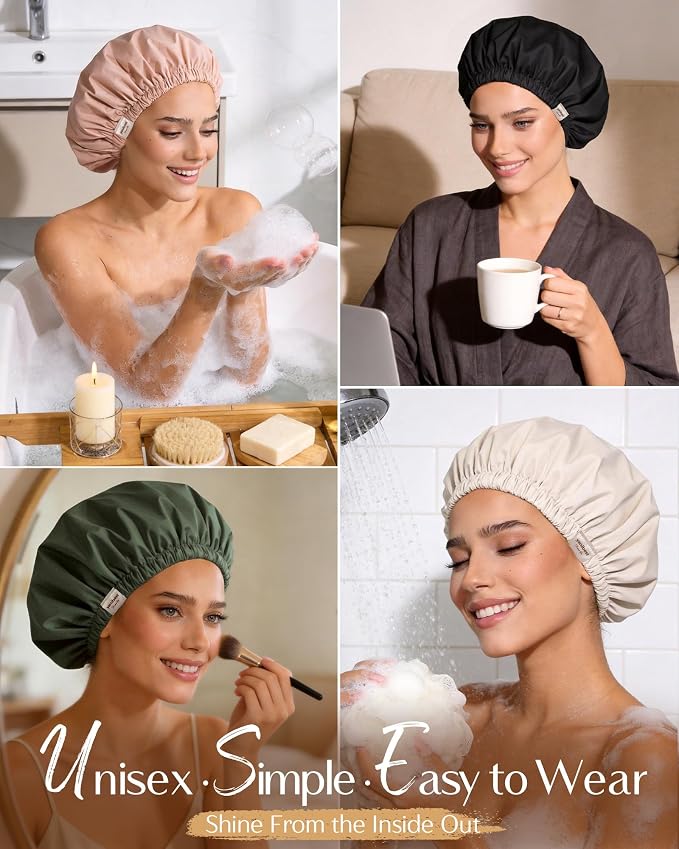 Yanibest Satin Lined Shower Cap, Shower Caps for Women Reusable Waterproof | Frizz Free & Large Durable Bath Cap with Soft Elastic Band, Luxury Hair Protection Caps, Nylon Shower Hair Cap
