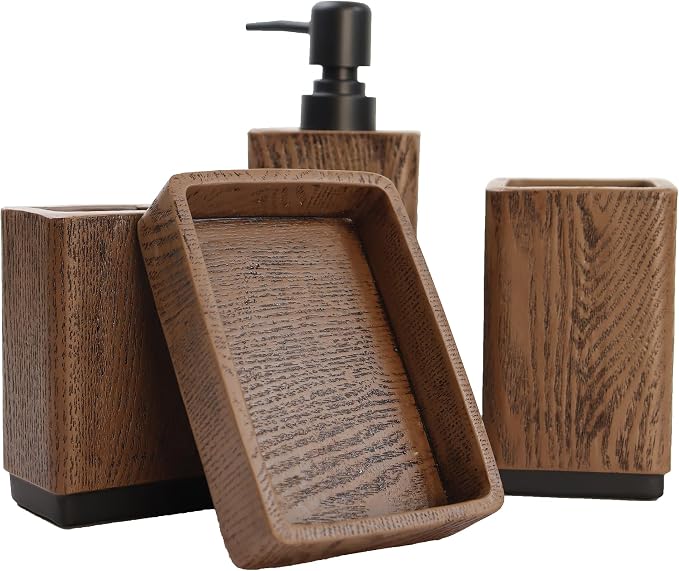 Hymmah Bathroom Accessories Set,Toothbrush Holder Set,4 Pcs Apartment Necessities (Wood Brown)