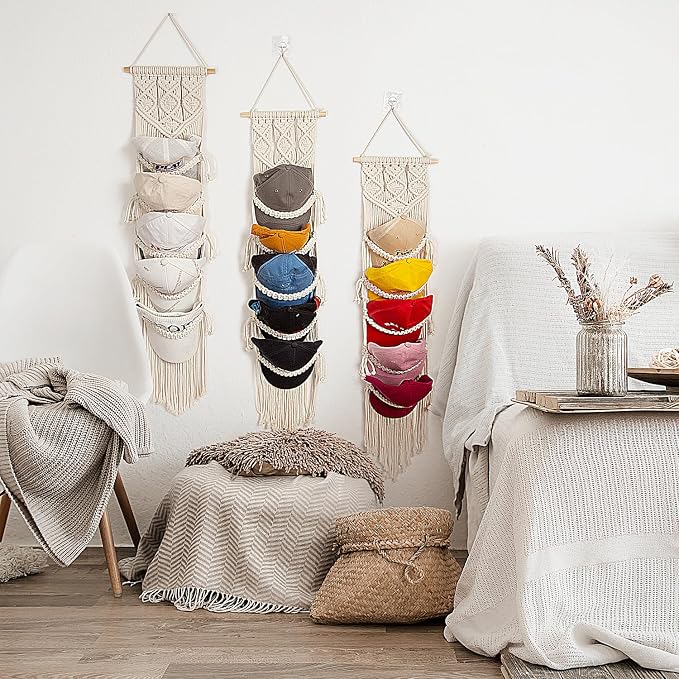 jontell Ball Cap Hanger-2 Pack-Boho Macrame Cap Holder Wall Hat Organizer for Baseball Cap Holder Over Door, Hat Rack for Wall, Cap Rack for Decoration and Display,