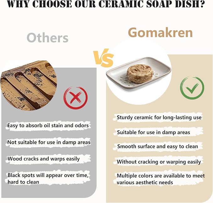 Gomakren Ceramic Soap Dish for Bar Soap 5.5in Cross Soap Saver Tray, Beige | Prevents soggy soap, non-slip bottom, easy to clean, bathroom soap holder, multi-use for sink shower, sponge butter & jewelry