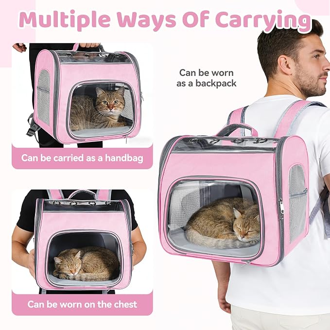 Airline Approved Cat Soft-Sided Carrier Backpack Up to 12 lbs (Pink) | Airport-Friendly Breathable Mesh Foldable Pet Travel Bookbag with Reinforced Support, Portable Puppy Carry Bag for Kitty