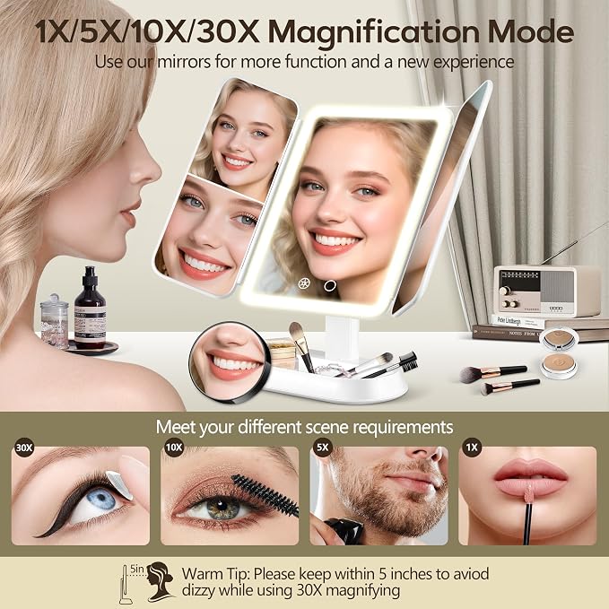GOMIPURU Makeup Mirror with Lights and 30X/10X/5X Magnification, Vanity Mirror with 3 Color Lights, Rechargeable, Detachable, Lighted Makeup Mirror with Magnification, Trifold Mirror, Gifts, White