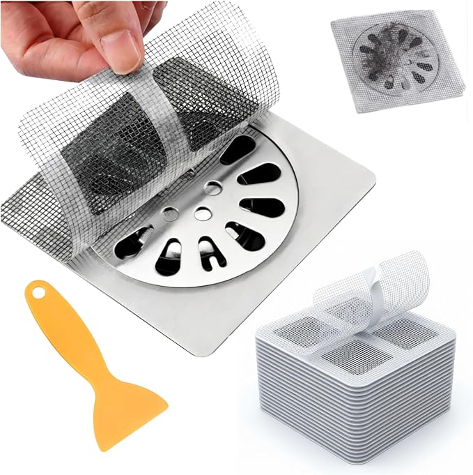 100 Pack Square Disposable Shower Drain Hair Catcher Stickers | Waterproof, For Bathroom Floor, Sink & Bathtub, Easy-Peel, Clog Prevention & Hygiene