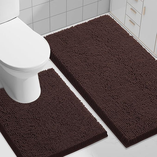 Smiry Chenille Bathroom Rugs Sets 2 Piece (30x20+ U Shape 24x20, Brown) | Soft Absorbent Machine Washable Non Slip Shaggy Bath Rug Set for Tub, Shower, and Floor, Home Decor