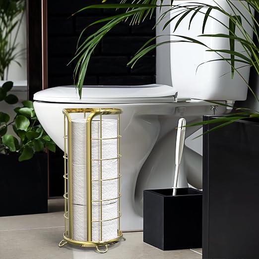 BROOKSTONE Toilet Paper Holder Stand Reserve - Free Standing Toilet Paper Stand with Storage that Holds Mega Rolls, Standing Bathroom Tissue Organizer, Bathroom Decor - Modern Storage Holder, Gold
