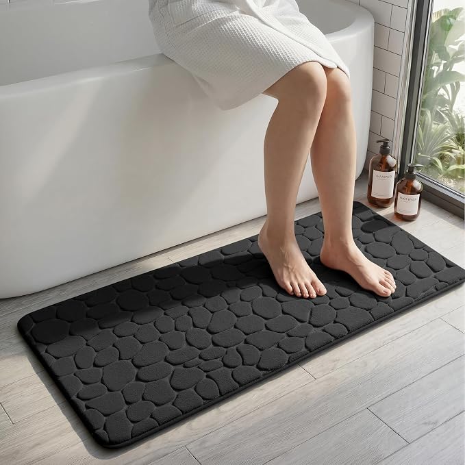 YIHOUSE Memory Foam Runner Rug, Cobblestone Bathroom Runner Rugs Super Water Absorbent Bath Mats for Bathroom Machine Washable Bath Rugs for Hallway Bedroom Laundry Room(20 x 47,Black)